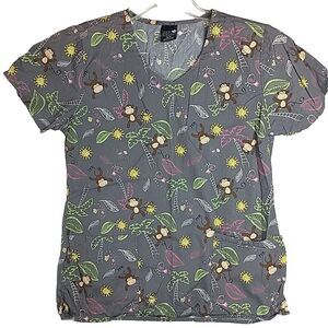 Zoe + Chloe Scrub Top Womens Size S Gray Floral Monkeys Birds Medical Nurse